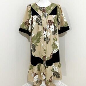 Vintage Hapua Hawaii Midi Dress Muumuu Tan Floral Button Up